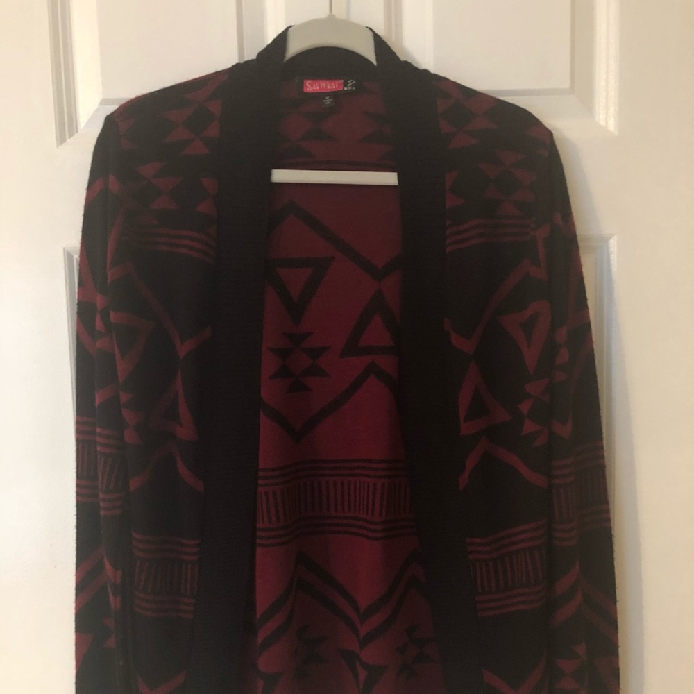 Black and maroon tribal print cardigan